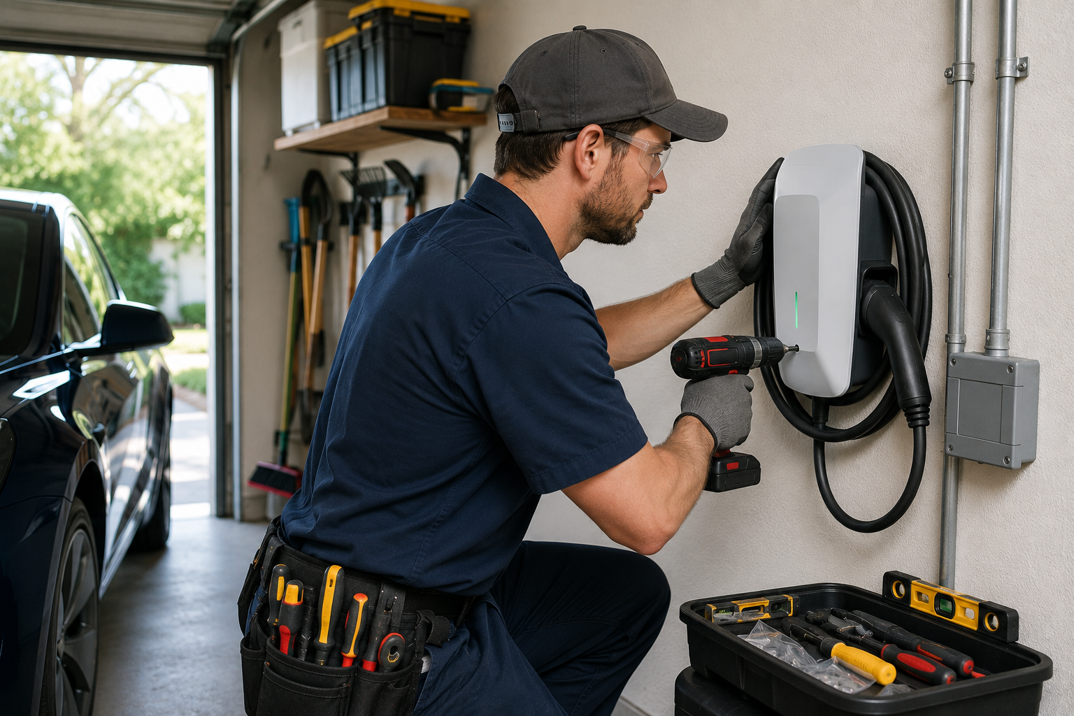 Electrician installing a Level 2 EV charger on a garage wall