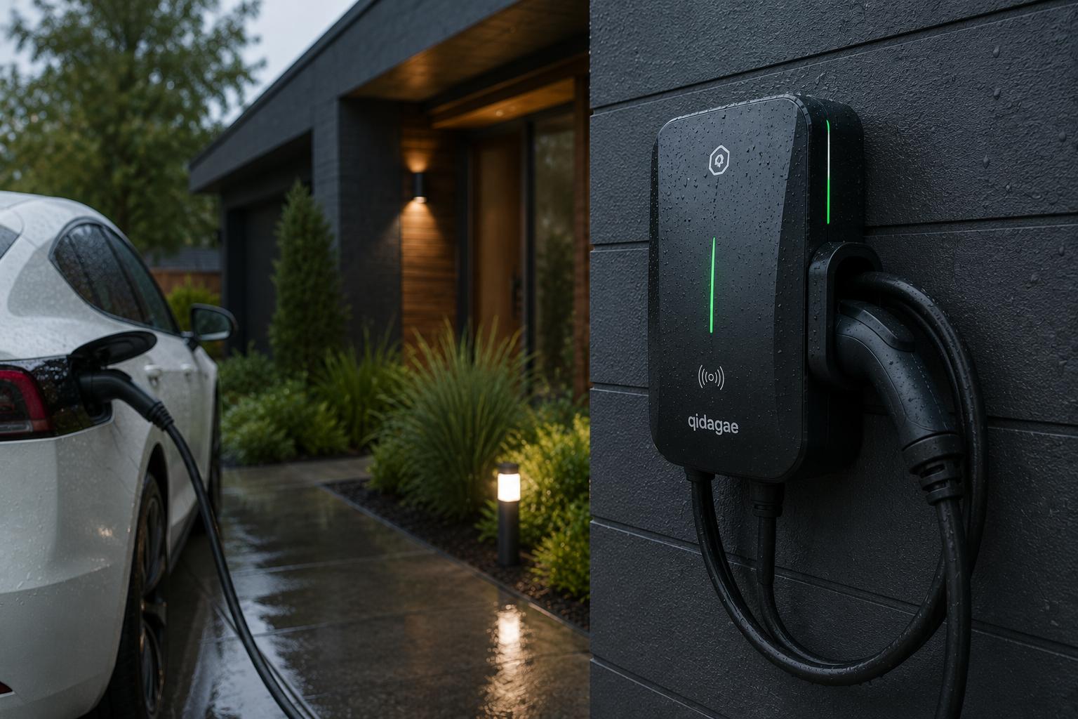 Weatherproof EV charging station mounted on an exterior wall near a driveway