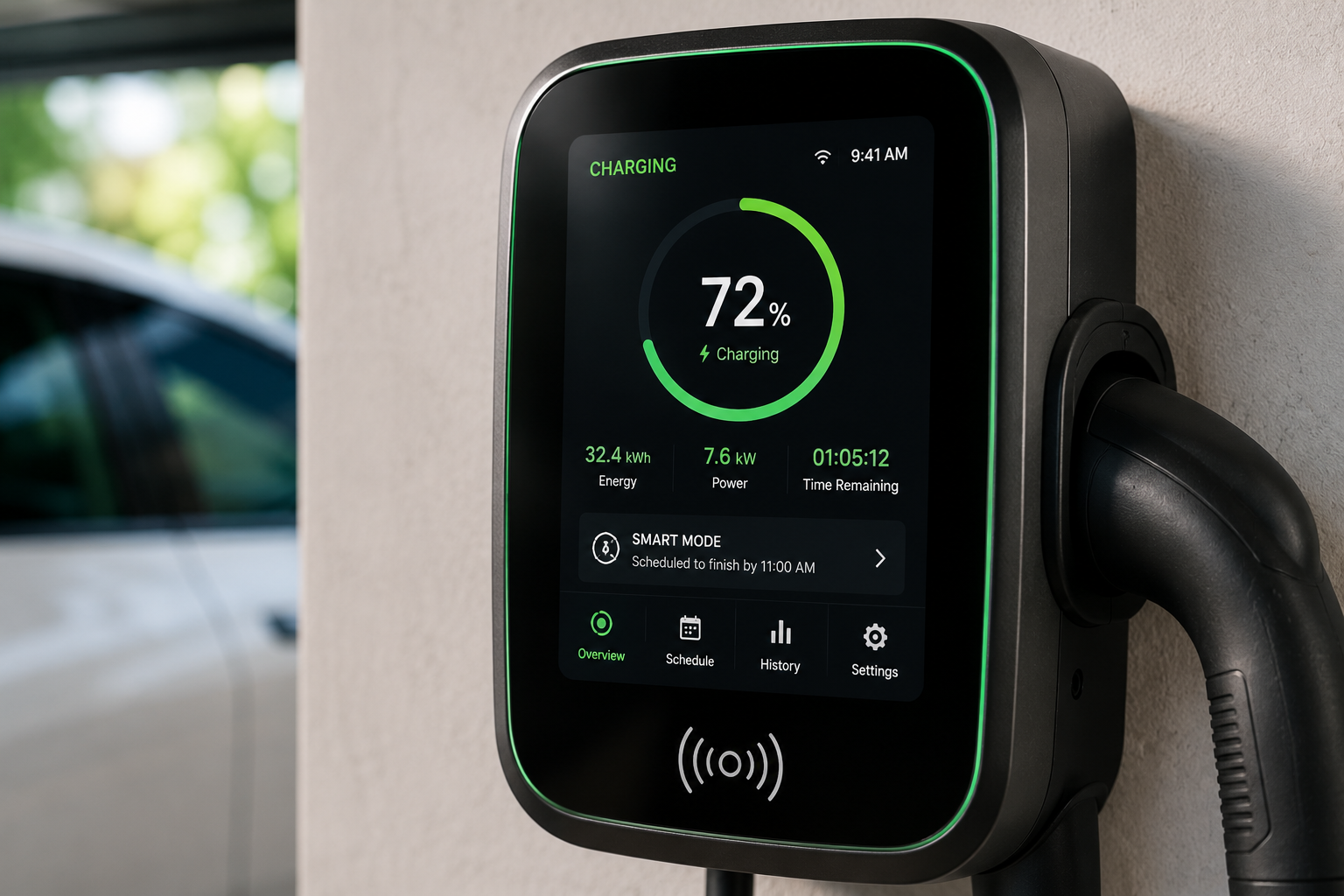 Smart EV charger display screen showing charging status and app connection